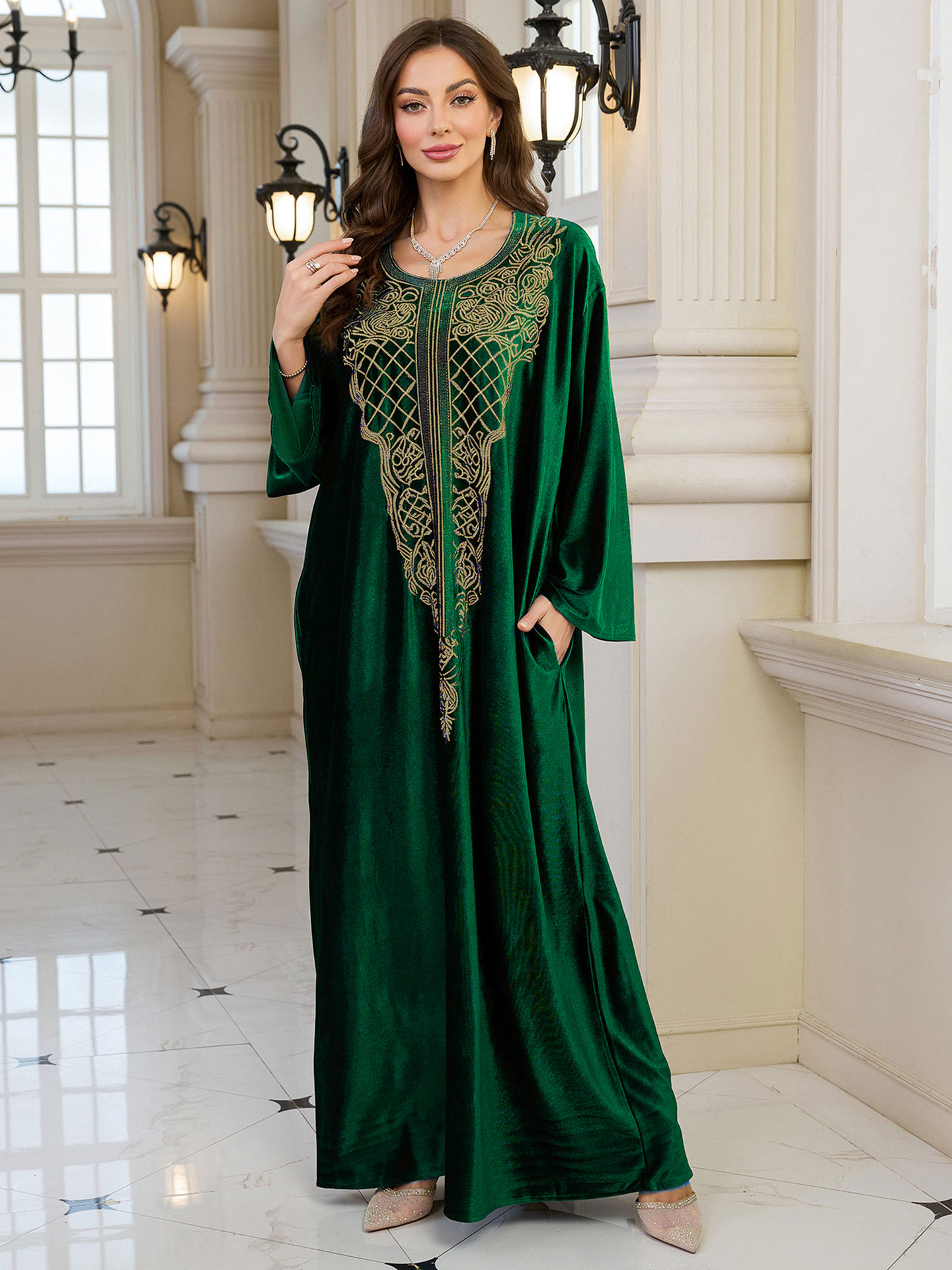 Elegant Embroidered Kaftan Dress Beach Bathing Suit Cover up Long Maxi Dress
